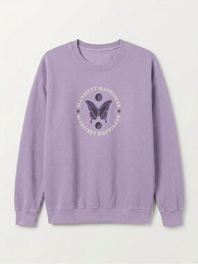 Pacific Sunwear Manifest Happiness Butterfly Graphic Sweatshirt Lavender Medium